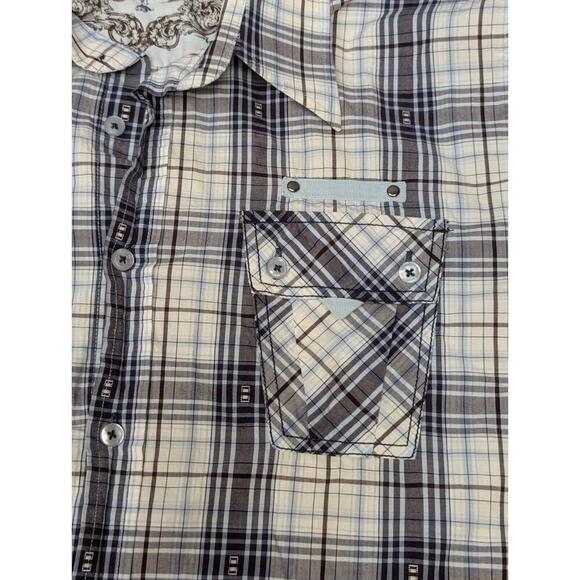 7 Diamonds Shirt Mens M Pearl Snap Short Sleeve Gray Plaid Pockets Western Retro - Picture 4 of 9